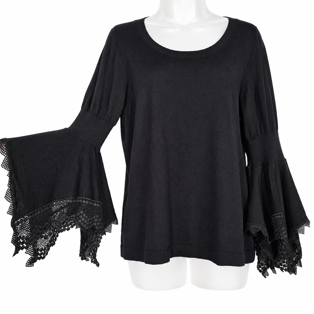 Kobi Halperin Sweater L Claudette‎ Black Merino Wool Lace Bell Sleeve Whimsigoth